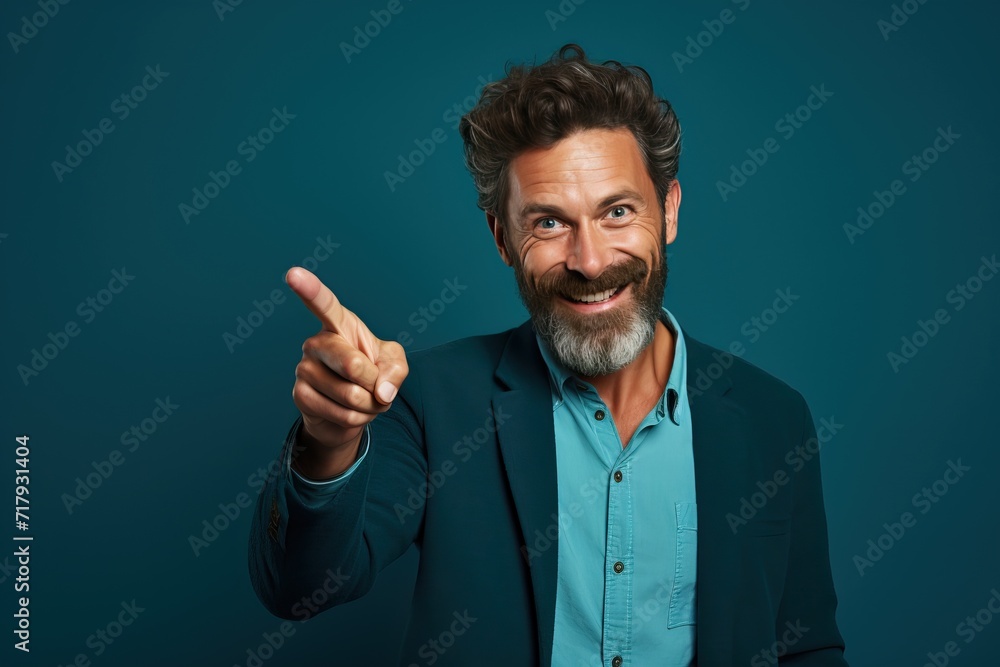 Studio shot of man smiling and showing copy blank space isolated over teal background. Generative AI.