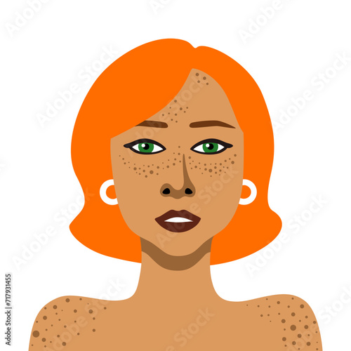Vector image of portrait of young red-haired woman with freckles minimalistic illustration