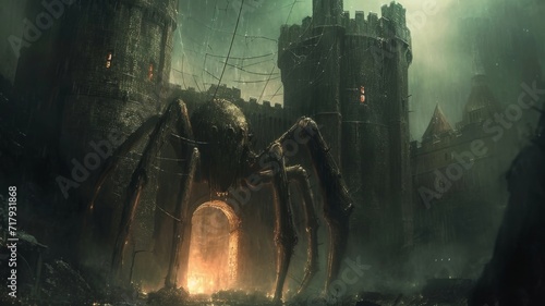 a medieval tower, one small fantasy spider