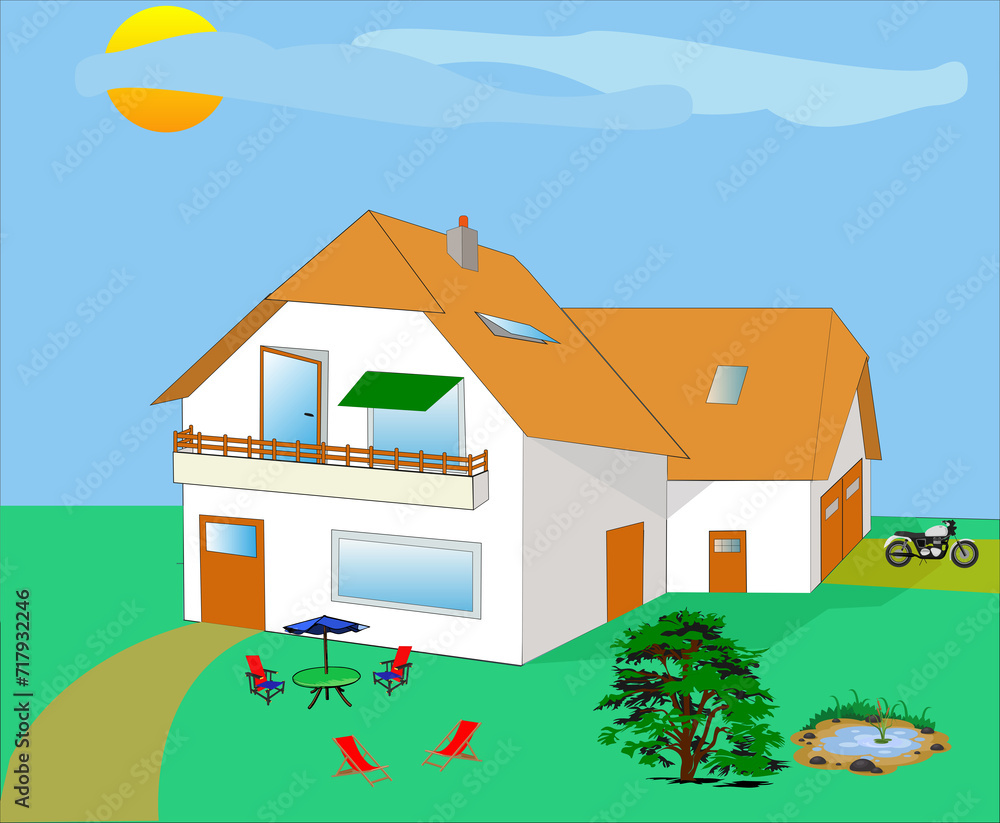 Maison individuelle sur fond blanc et pelouse verte et petit étang avec végétation Maison individuelle sur fond blanc et pelouse verte et petit étang avec végétation