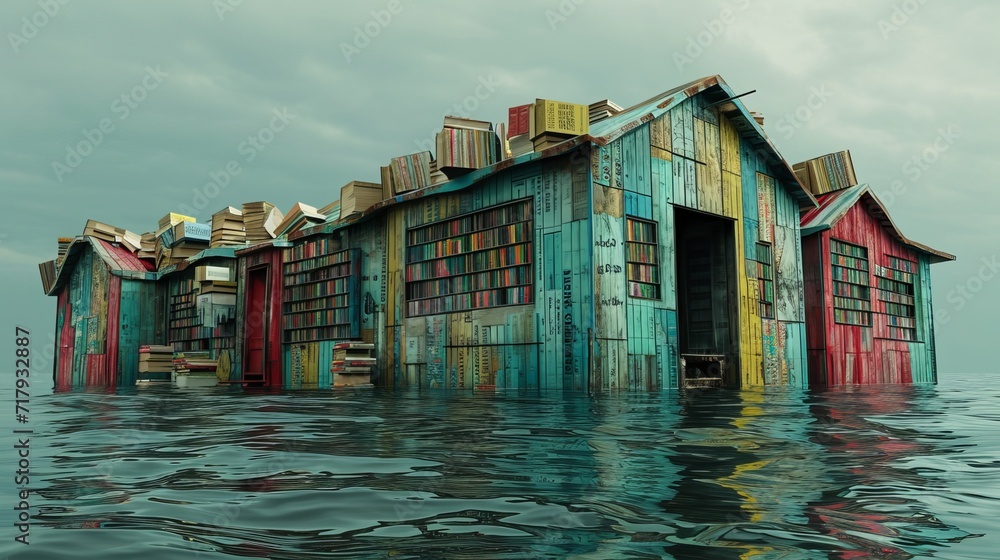 A colorful school of books stands in the water, the books fall out of the windows in a messy manner and dive into the water. full representation of the school