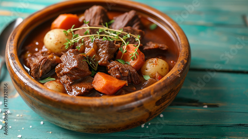 Beef Bourguignon in rustic bowl on turquoise wooden table. Made with generative ai