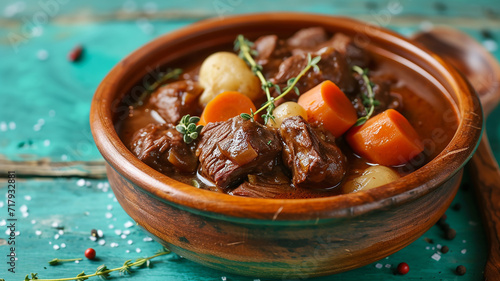 Beef Bourguignon in rustic bowl on turquoise wooden table. Made with generative ai