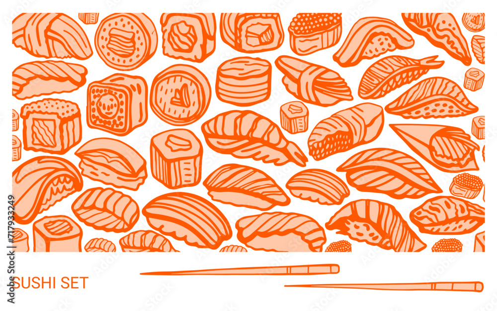 Isolated vector set of Japanese sushi set in hand drawn doodle style on a yellow background. Wasabi, ginger, soy sauce and sushi sticks. Asian food for restaurants menu. Philadelphia roll.