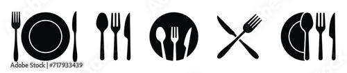 Fork, knife, spoon and plate set icons. Tableware set flat style. Dinnerservice collection. Plate, fork and knife for apps and websites.
