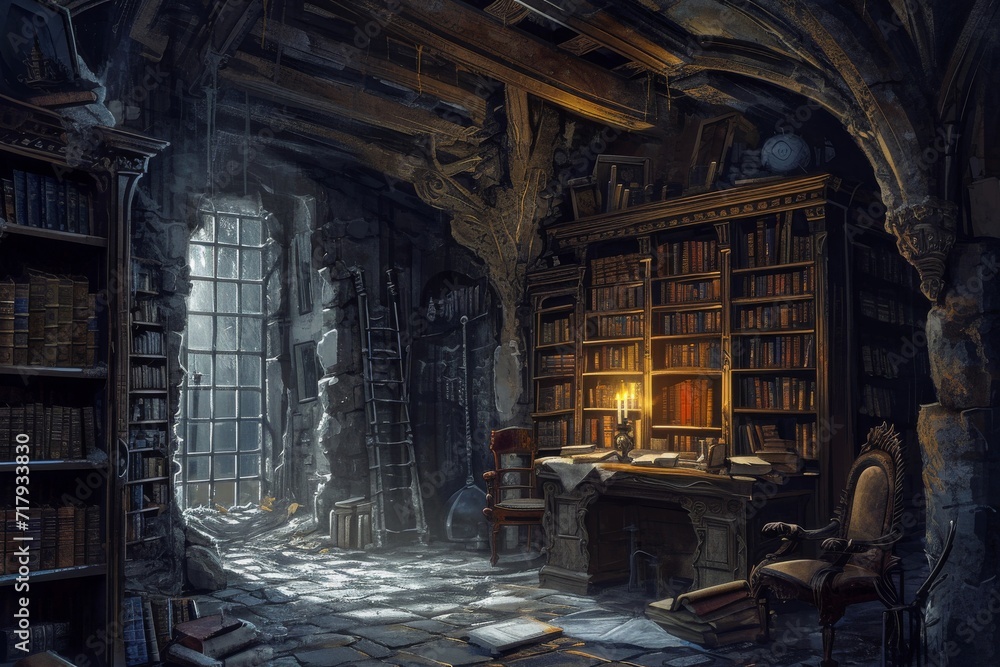 a wizard's small medieval library. Fanatsy theme