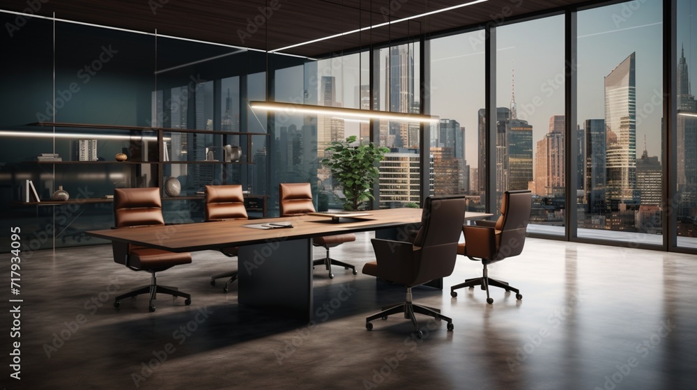 A realistic digital rendering of a sleek executive office with a minimalist desk, leather chairs, and a glass conference table, offering a professional and upscale corporate setting