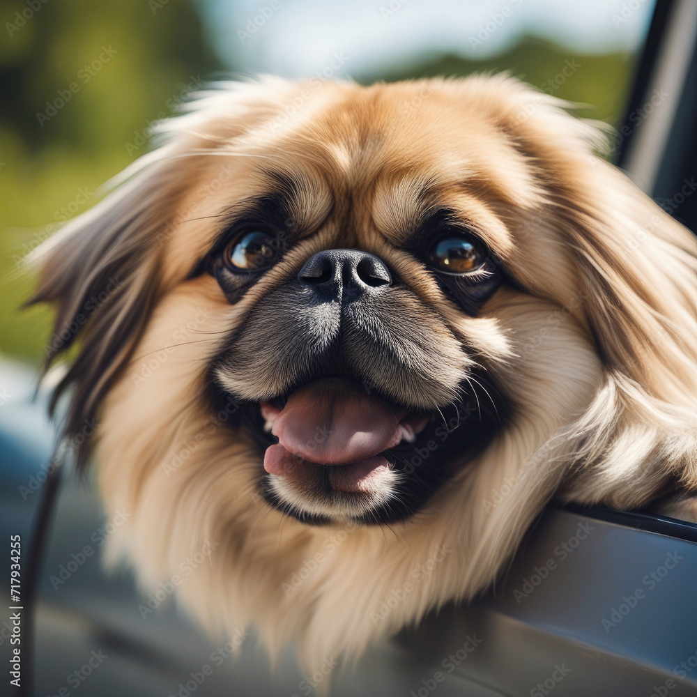 Pekingese looks out of an open car window Pekingese looks out of an open car window