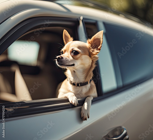 Chihuahua looking out of an open car window