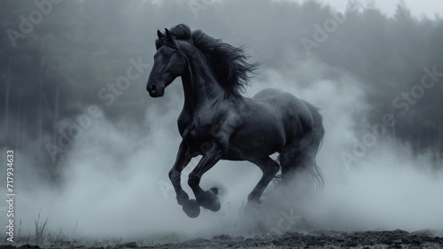A black stallion rearing in a dramatic misty backdrop, smoke, embodying equine power, epic light
