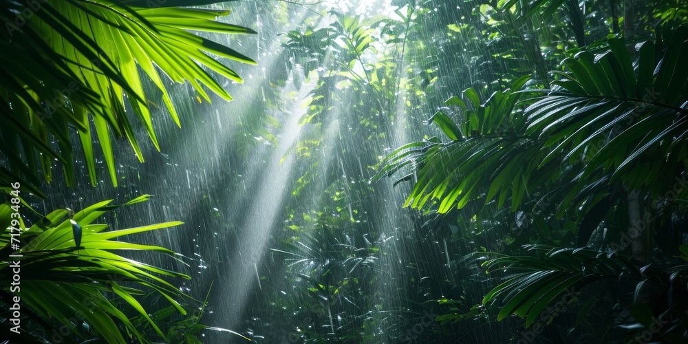 Light rain in a dense tropical forest with sun rays illuminating the vibrant green leaves and serene atmosphere