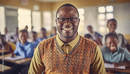 Portrait of smiling african teacher in a class at elementary school looking at camera with learning students on background