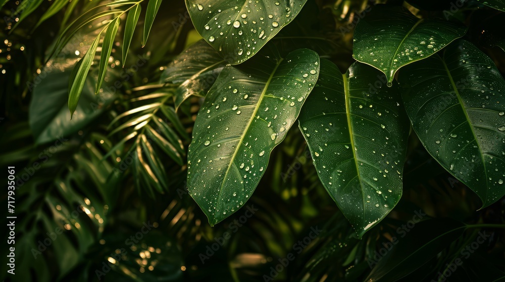 Fototapeta premium a variety of tropical leaves under a gentle rain, illuminated by diffused sunlight, highlighting the raindrops, peaceful and inviting atmosphere, soft and tender colors