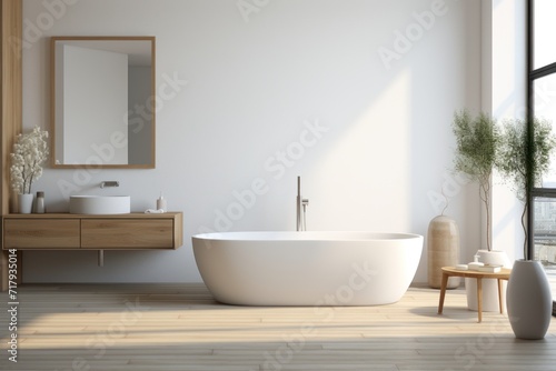 Interior of modern bathroom with white walls  wooden floor  comfortable white bathtub standing near round mirror and round wooden sink.