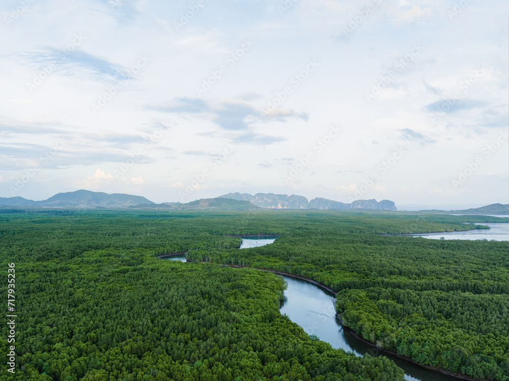 View from above, stunning aerial view of Ao Phang Nga (Phang Nga Bay) National Park featuring a multitude of limestone formations rising majestically from the sea near the coast. Thailand