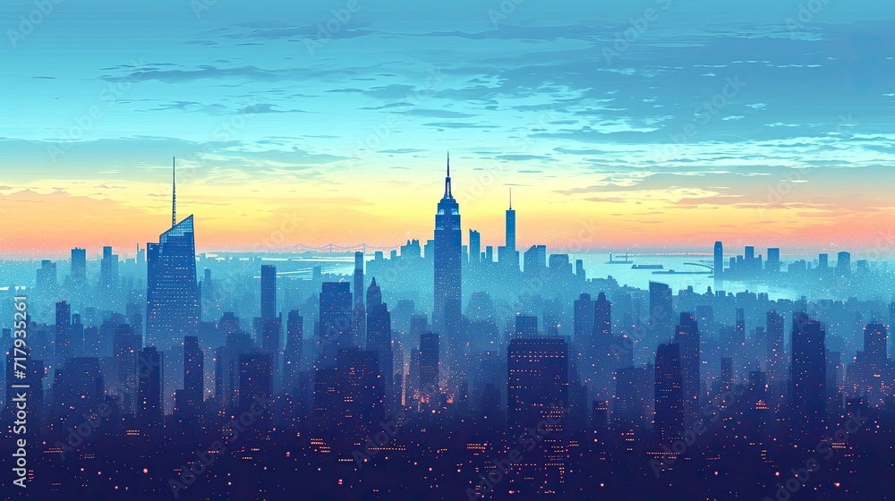 sunrise over the city, blue sky and city, City Sky Scrapers with blue and bright skies Vector silhouette generative AI	