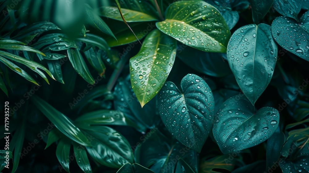 Fototapeta premium Lush green leaves dotted with fresh dew, the essence of tranquility in a tropical setting