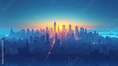 sunrise over the city  blue sky and city  City Sky Scrapers with blue and bright skies Vector silhouette generative AI 