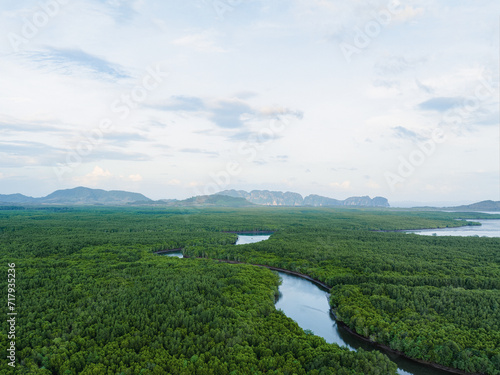 Obraz na płótnie View from above, stunning aerial view of Ao Phang Nga (Phang Nga Bay) National Park featuring a multitude of limestone formations rising majestically from the sea near the coast. Thailand w salonie