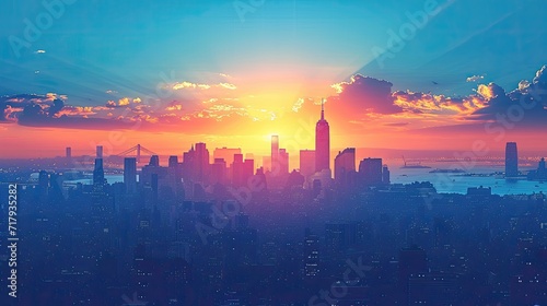 sunrise over the city, blue sky and city, City Sky Scrapers with blue and bright skies Vector silhouette generative AI 