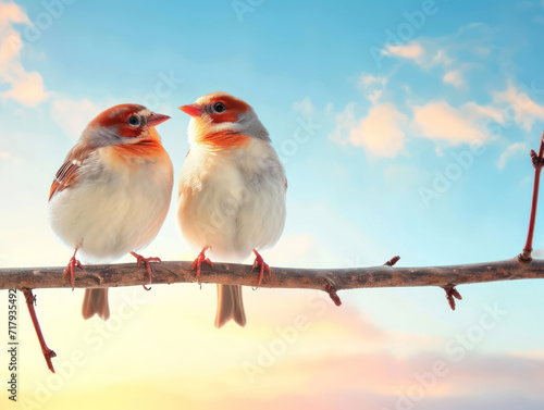 Paired birds perched on tree branches in the morning