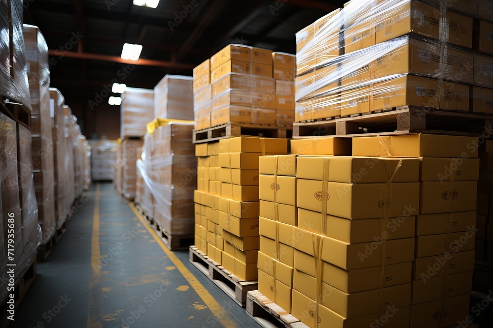 a huge distribution warehouse with boxes on racks, a loader for boxes