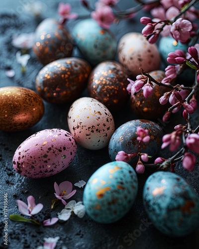 Clean and artistic composition of easter eggs on the flat and textile surface. Colors of easter concept.
