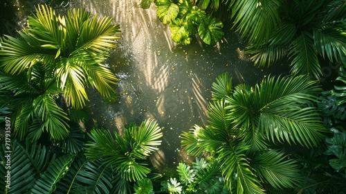 An overhead view of a tropical garden during rainfall  leaves glistening with raindrops  sunlight creating a mosaic of light and shade  evoking a serene and comforting mood