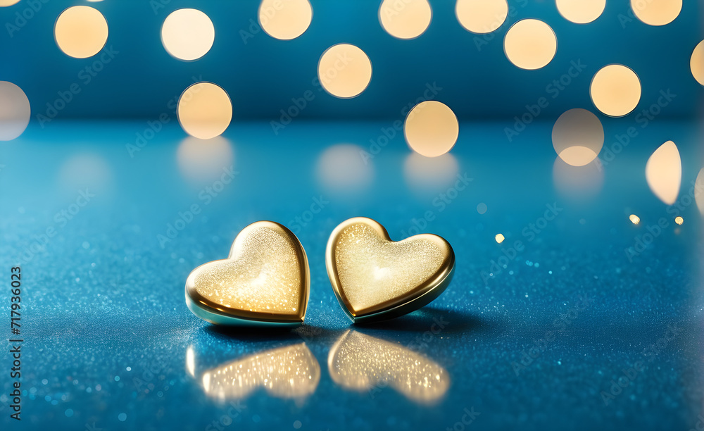 Two small gold heart on a sparkling soft blue background, Valentine's Day, Christmas. Generative AI Two small gold heart on a sparkling soft blue background, Valentine's Day, Christmas. Generative AI