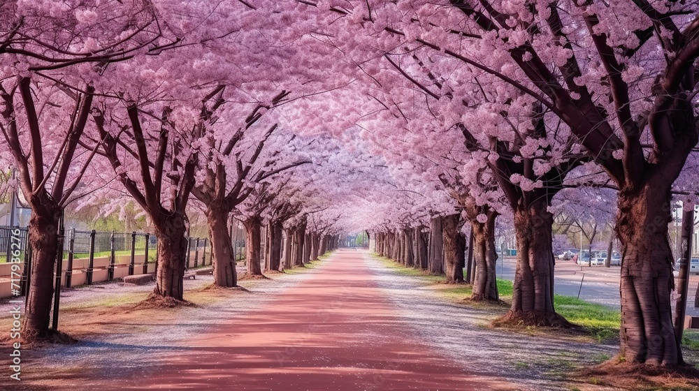 The cobblestone street is covered with pink sakura petals, cherry blossoms The cobblestone street is covered with pink sakura petals, cherry blossoms