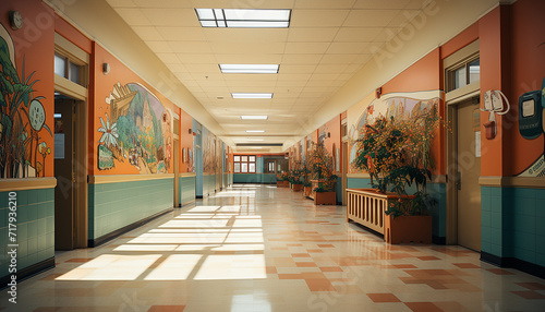 grade school hallway, high resolution dslr camera, room decorated with school art, editorial photography style, contemporary photo