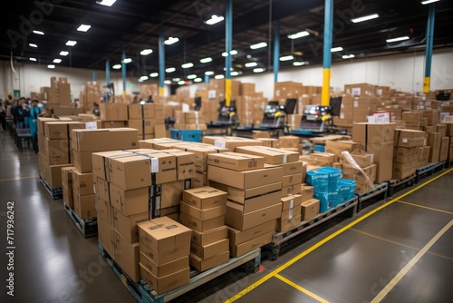 a huge distribution warehouse with boxes on racks, a loader for boxes