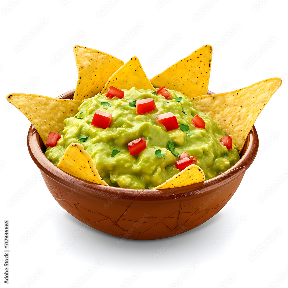 Guacamole bowl with nachos tortilla chips isolated on white Guacamole bowl with nachos tortilla chips isolated on white