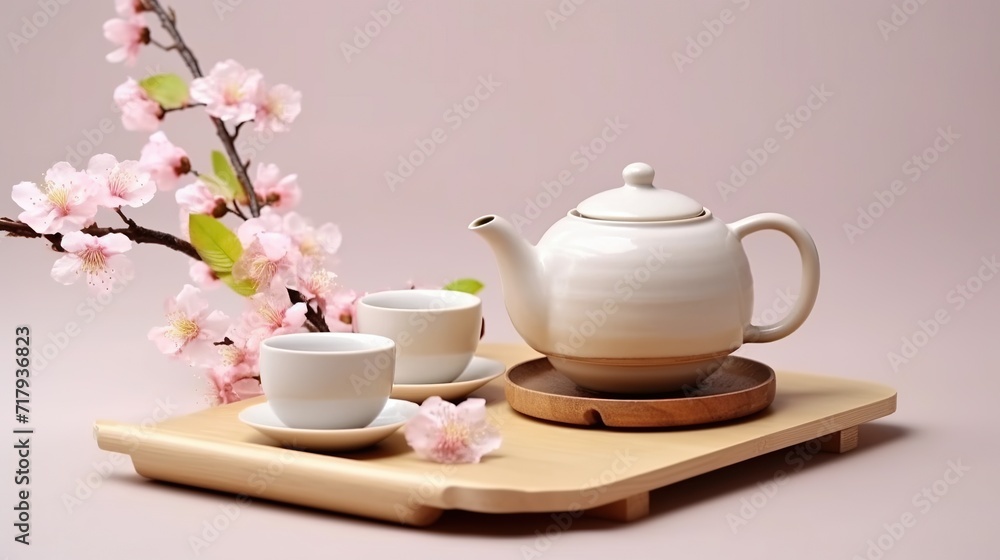 Traditional tea ceremony with cherry blossoms in the background