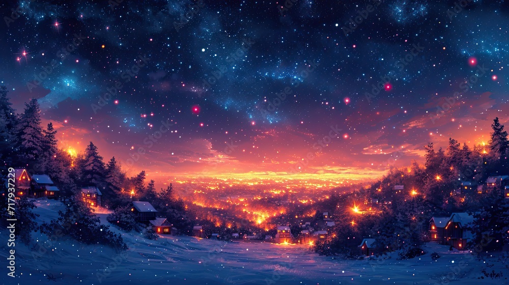sunset in the forest, Night, sky, stars, cozy, atmosphere, illustration for a podcast, wallpaper, generative AI