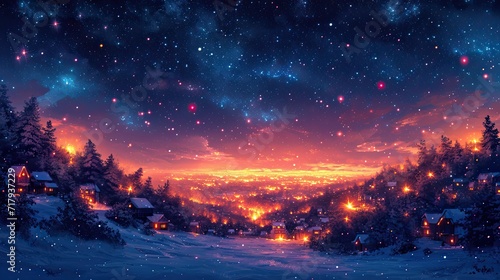 sunset in the forest, Night, sky, stars, cozy, atmosphere, illustration for a podcast, wallpaper, generative AI