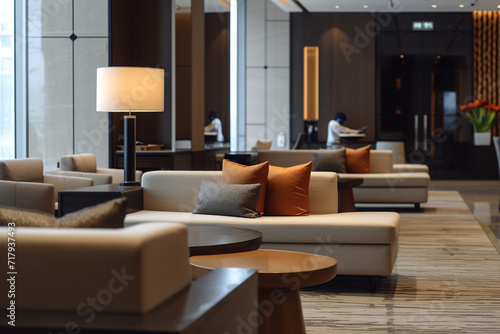 minimalist hotel lounge with housekeeping staff ensuring spotless surfaces and tidy furnishings  contributing to the overall tranquility and comfort of the guest experience in a mi