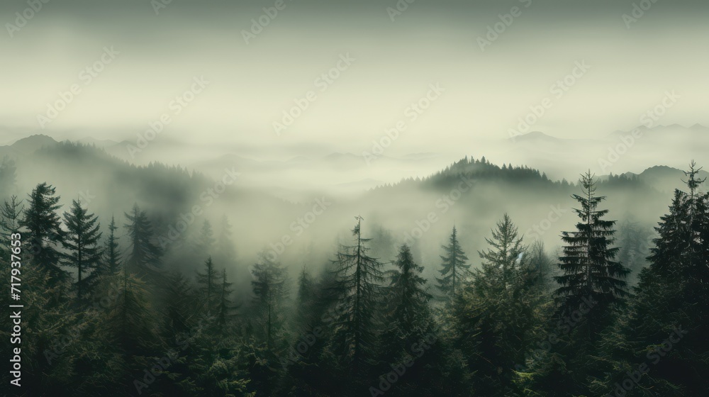 Foggy forest with dark trees and mountains. Vintage background.