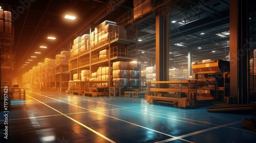 Wires and rows of boxes. Futuristic warehouse. Modern technology background.