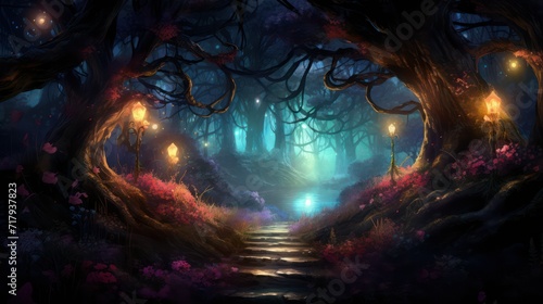 Enchanted forest path with glowing plants and mystical light