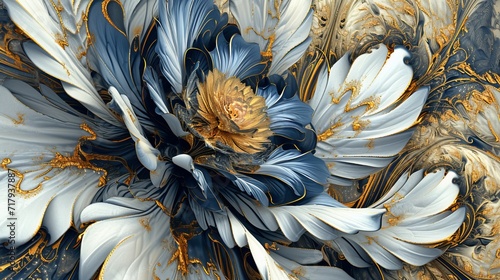 goose feather is a flower with different colors of blue, gold and white in the style of leaf patterns, illusory architectural elements, detailed feather embroidery