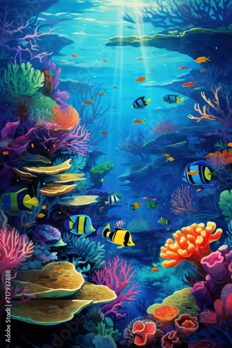 Vibrant underwater scene with diverse coral and tropical fish © Dzmitry