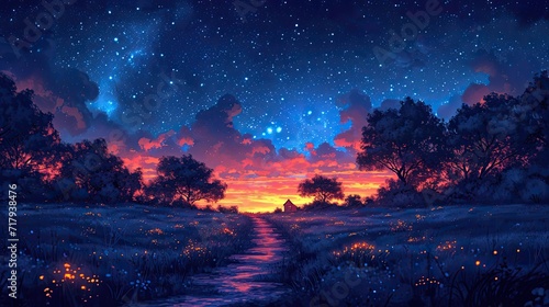 sunset in the mountains, sunset in the forest, Night, sky, stars, cozy, atmosphere, illustration for a podcast, wallpaper, generative AI © OOTIDI