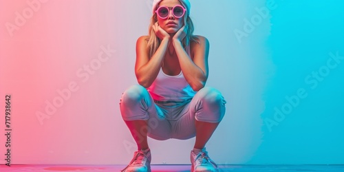 Woman in colorful neon light. Fashionable model portrait in sunglasses creative art neon pink blue light, banner.