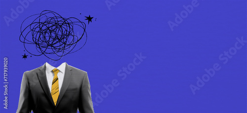 Retro concept collage with depression businessman in suit on halftone effect style. Pop art with doodle elements. Paper blue background for design. Vector illustration