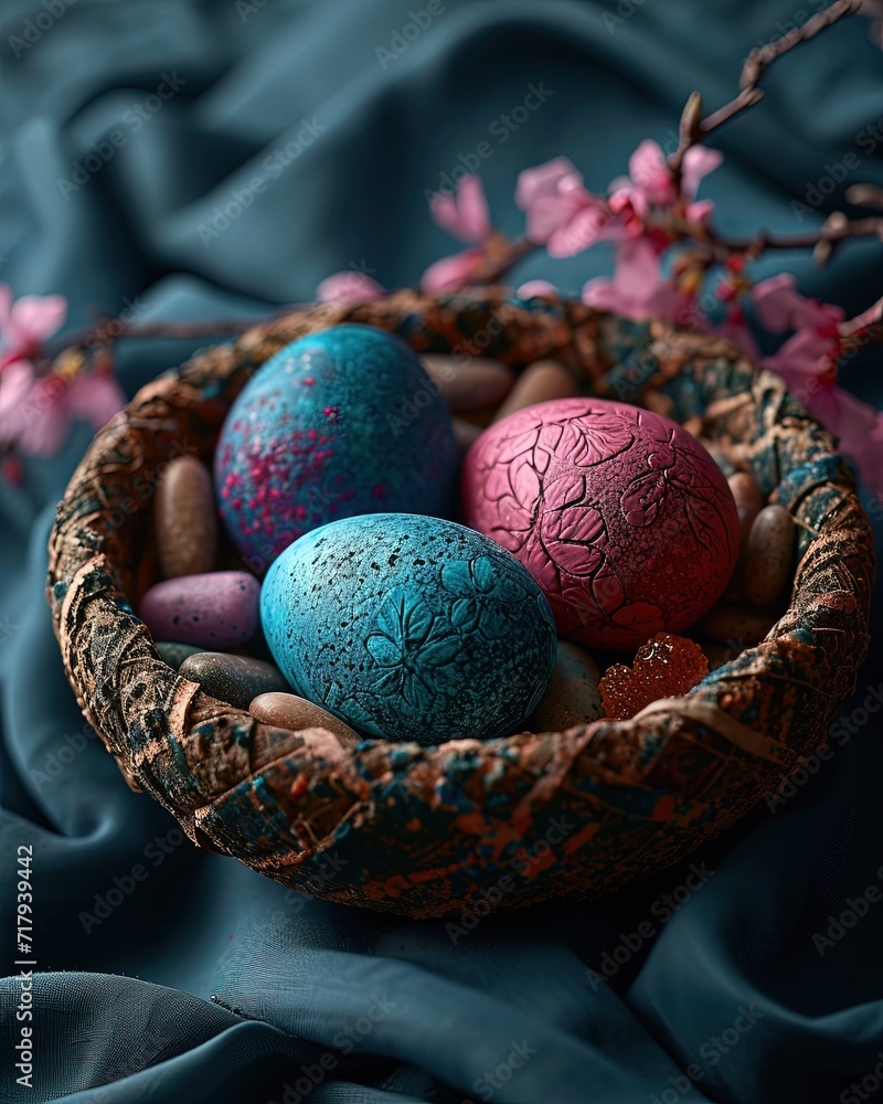 Very good looking easter eggs decorated in the natural way lying in the nest made of branches in the grass. Eastern celebration.