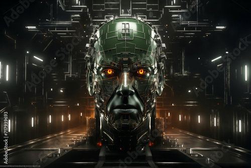 a large cyber robot head in the workshop with glowing red eyes, a robot manufacturing plant, an industrial environment