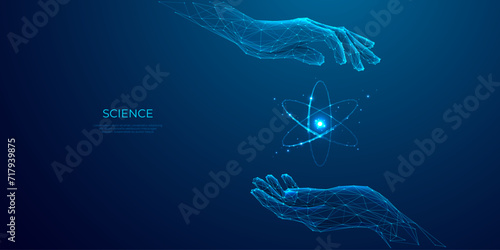 Abstract scientist hands-holding nuclear atom hologram model. Science, Technology concepts. Low poly light blue digital hand securing molecule icon on blue background. 3D polygon vector illustration photo