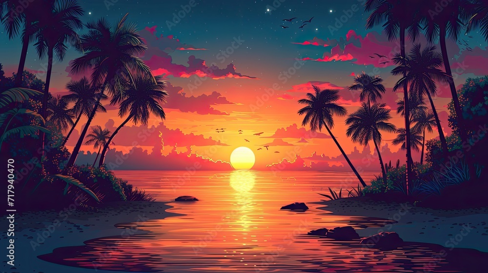 sunset on the beach, summer background Vector silhouette generative AI