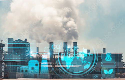 Factory emitting smoke with digital clean energy icons, depicting the contrast between pollution and sustainable energy solutions..